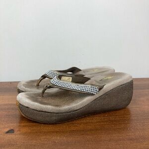 Volatile Taupe Wedge Sandals with Crystal-Embellished Straps